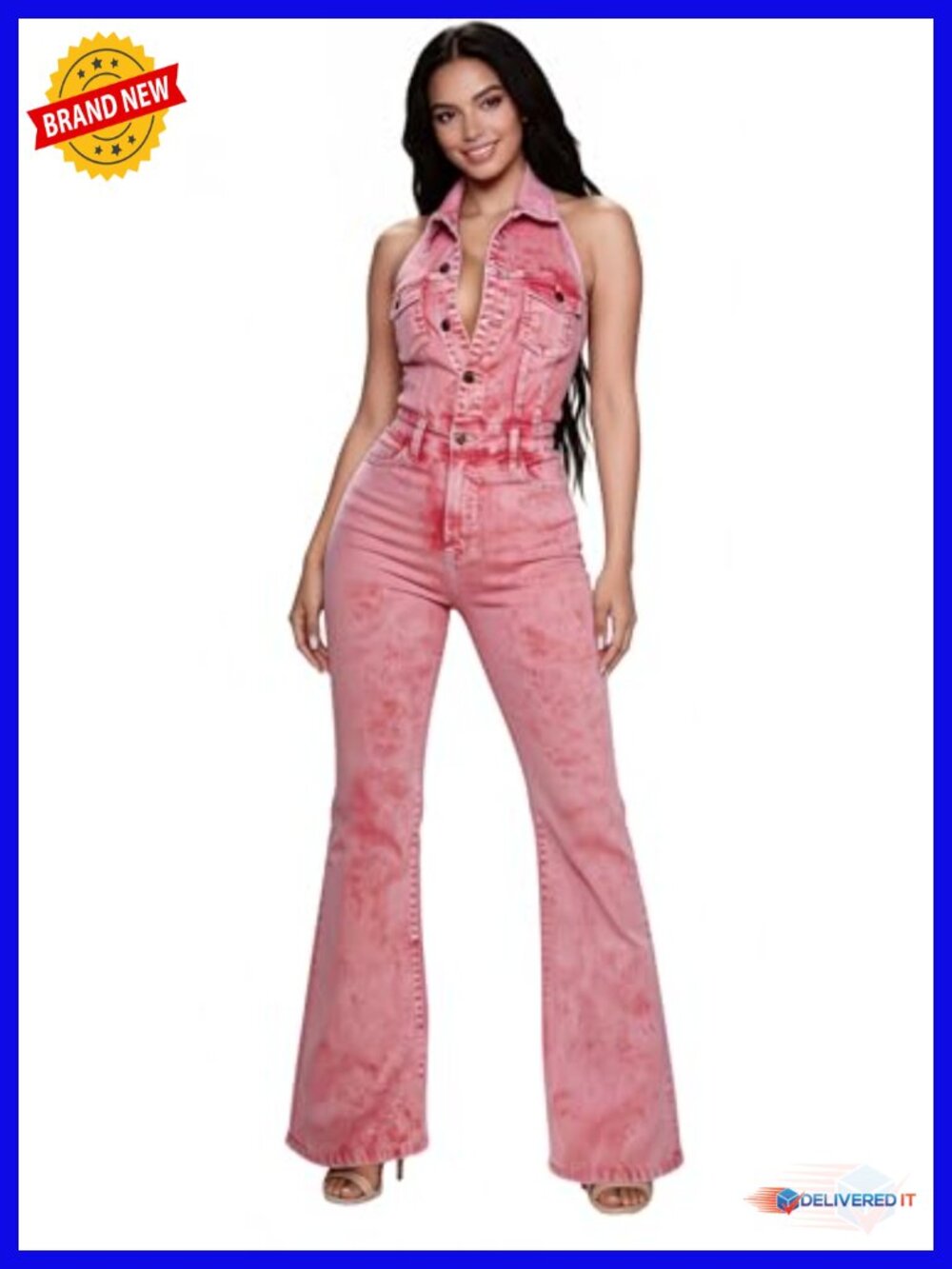 Slim Fit Denim Jumpsuit with Pockets Button Down Long Sleeveless Romper
